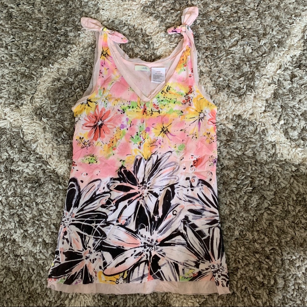 Pink mesh floral top with tie sholders